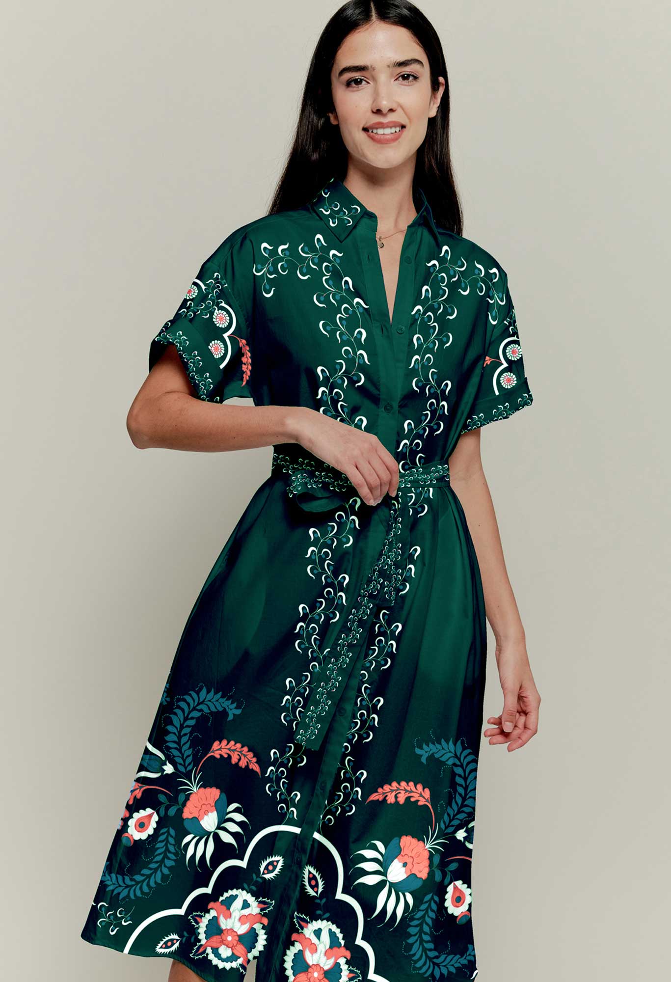 The Sarah Shirtdress | Emerald Dutch Blossoms - Pasdaily