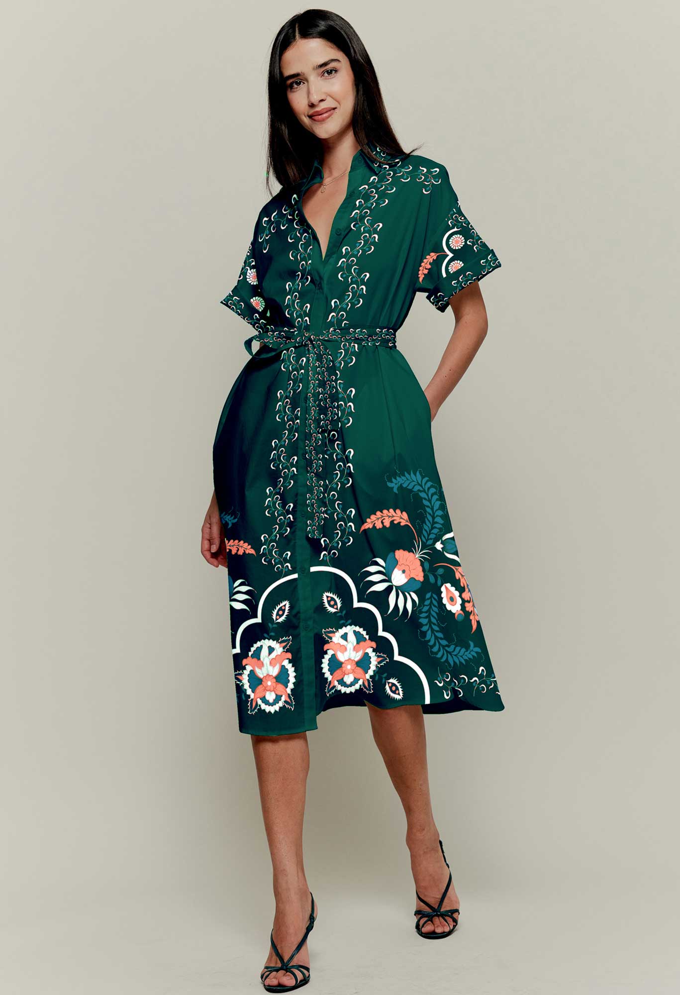 The Sarah Shirtdress | Emerald Dutch Blossoms - Pasdaily