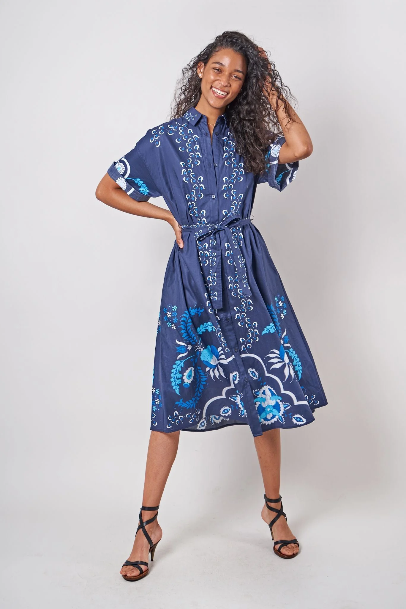 Sarah Shirtdress | Navy Dutch Blossoms - Pasdaily