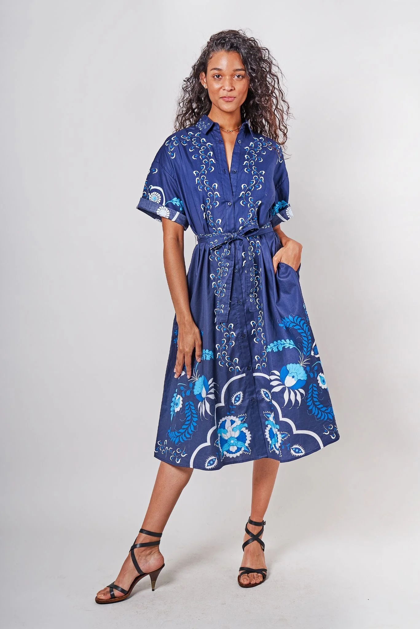 Sarah Shirtdress | Navy Dutch Blossoms - Pasdaily