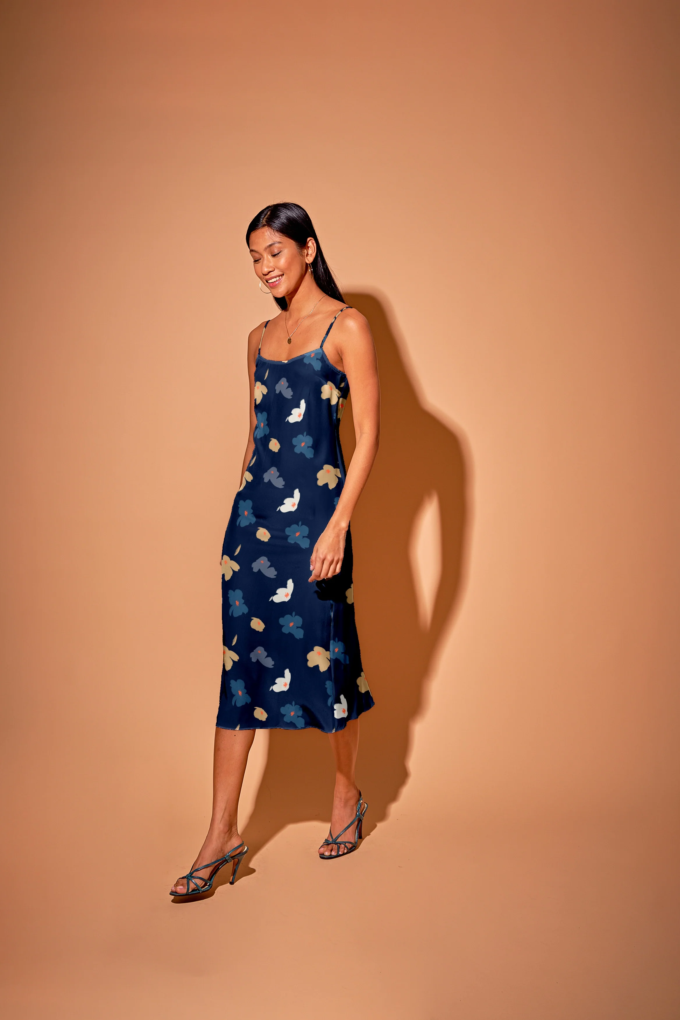 Stevie Slip Dress | Navy Painted Poppies - Pasdaily